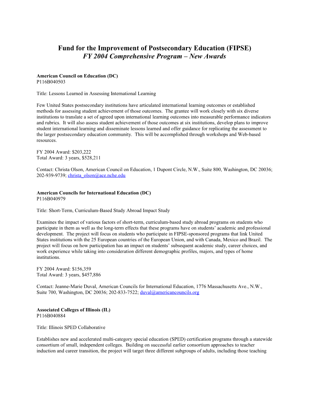 FIPSE Comprehensive Program 2004 New Awards