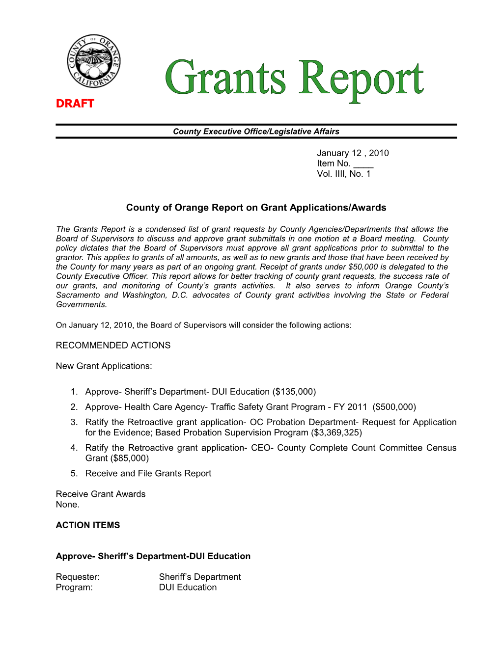 County of Orange Report on Grant Applications/Awards