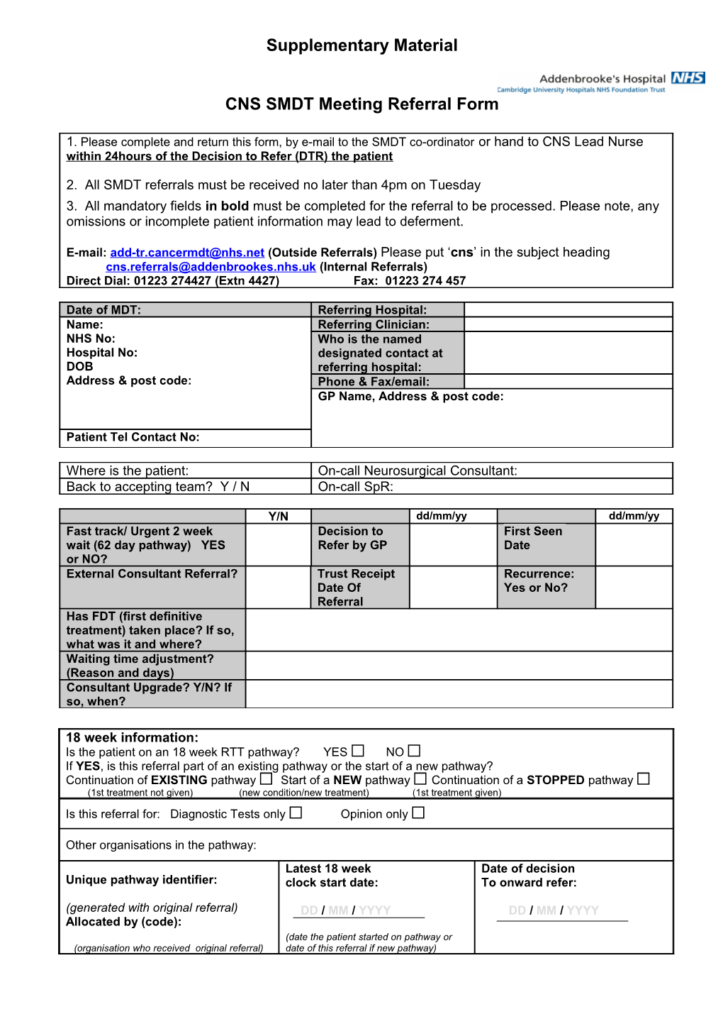 Urological Cancers SMDT Meeting Referral Form