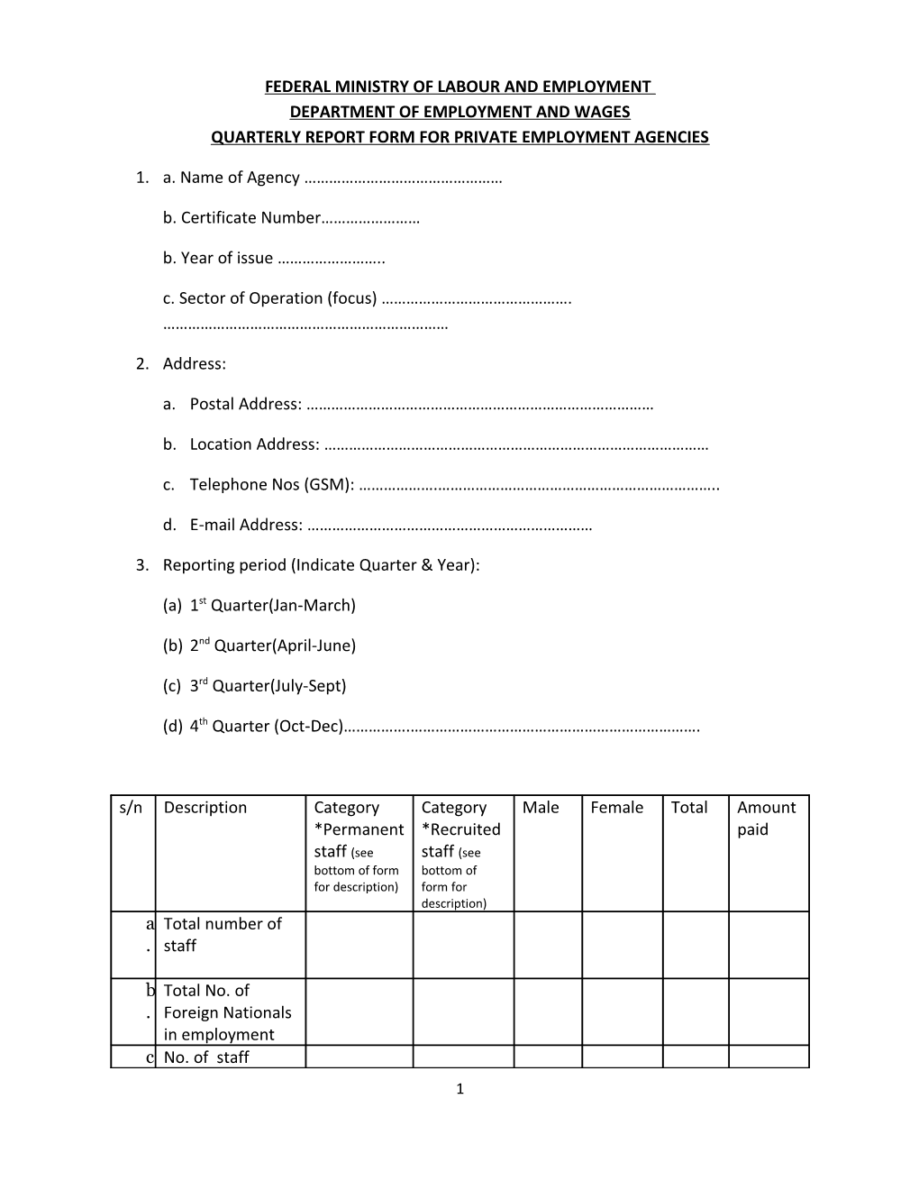 Quarterly Report Form for Private Employment Agencies