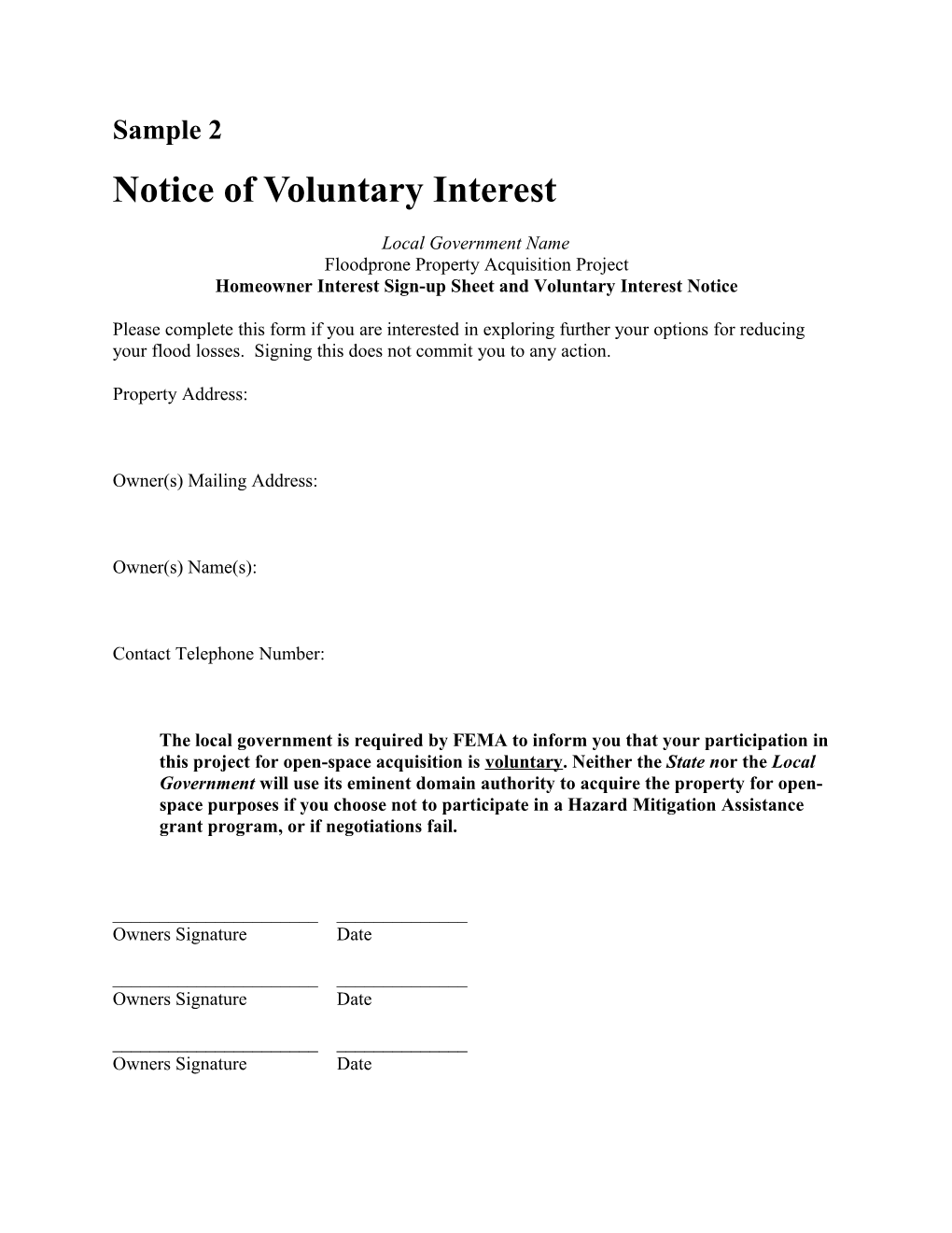 Sample Notice of Voluntary Interest