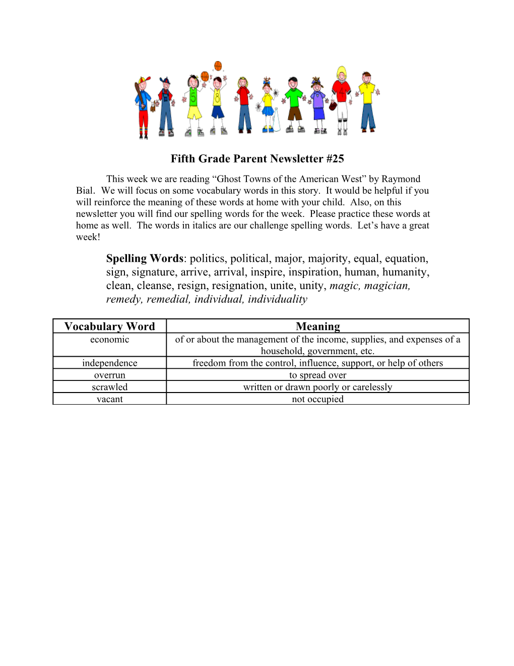 Fifth Grade Parent Newsletter #25