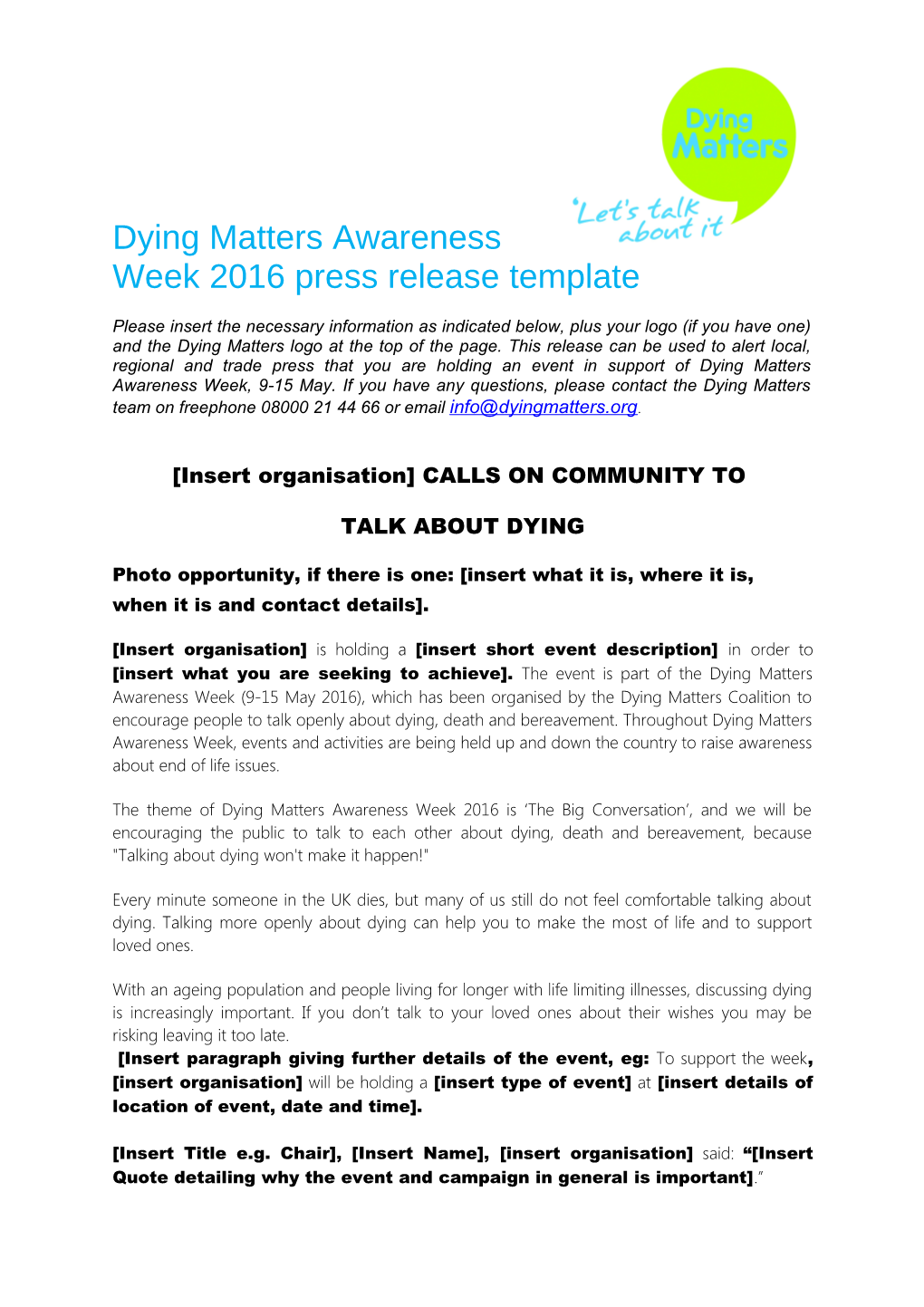 Dying Matters Awareness Week 2016 Press Release Template