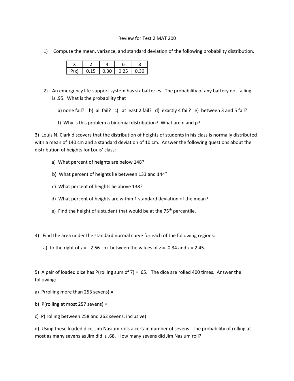 Review for Test 2 MAT 200