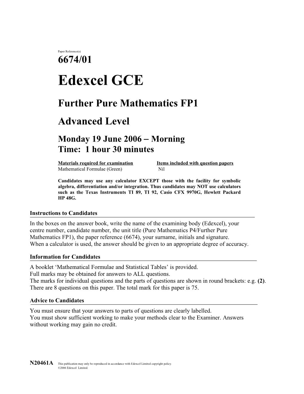 June 2006 - 6674 Further Pure FP1 - Question Paper
