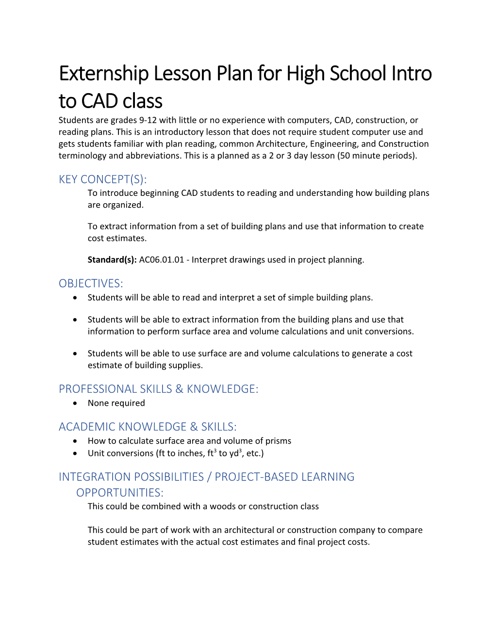 Externship Lesson Plan for High School Intro to CAD Class