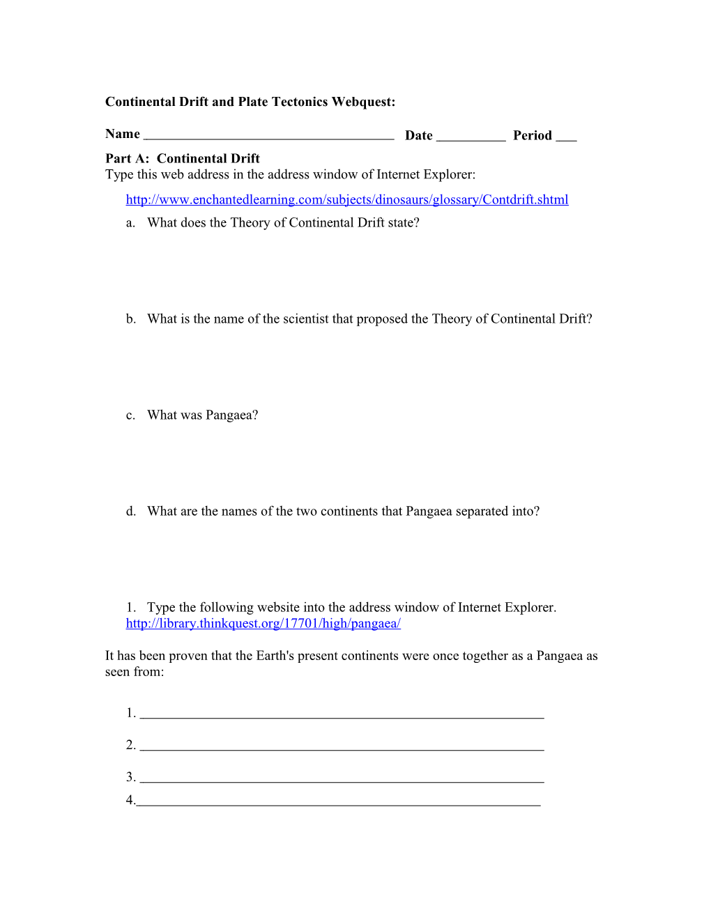 Continental Drift and Plate Tectonics Webquest