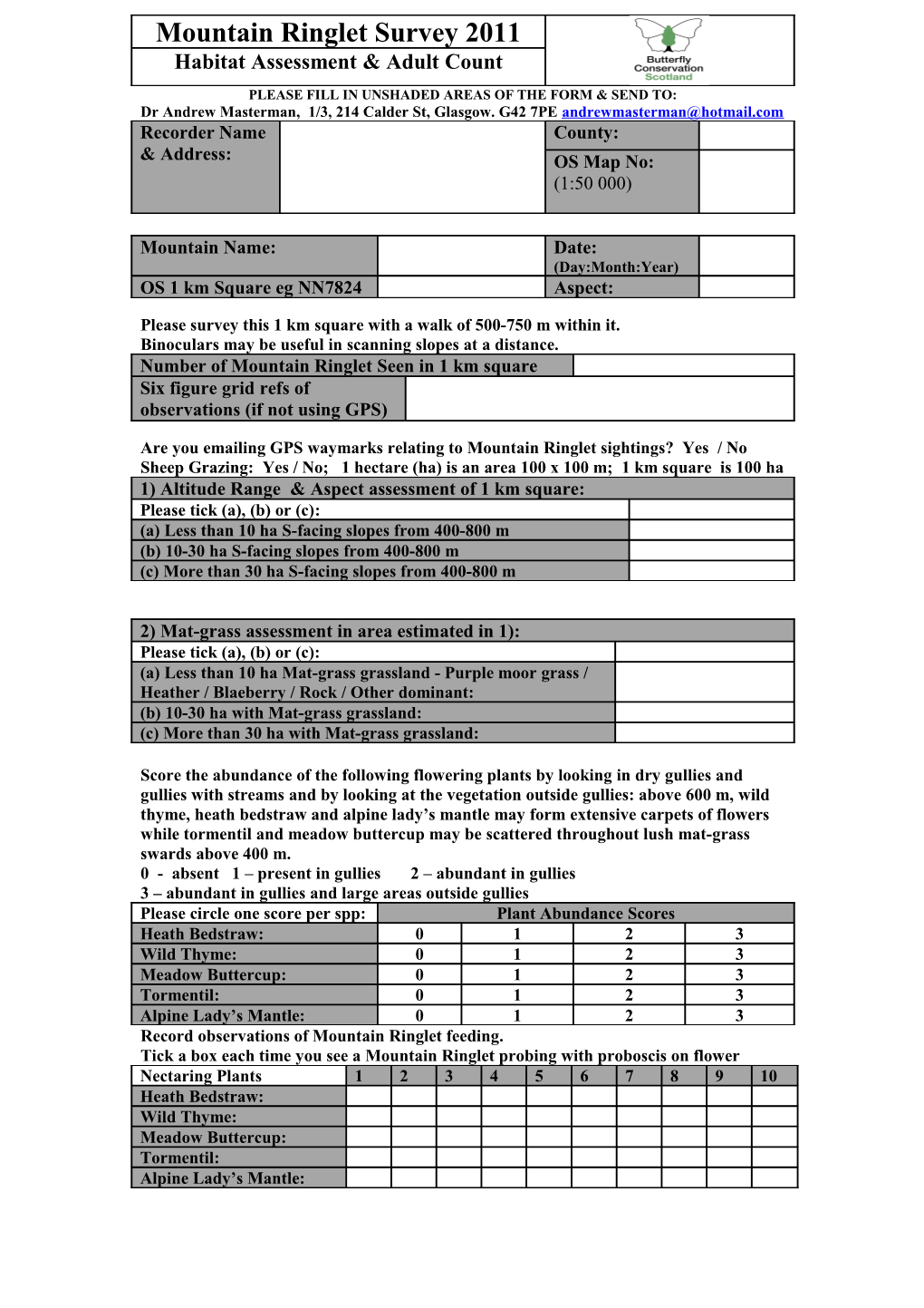 Mountain Ringlet Habitat Survey Form
