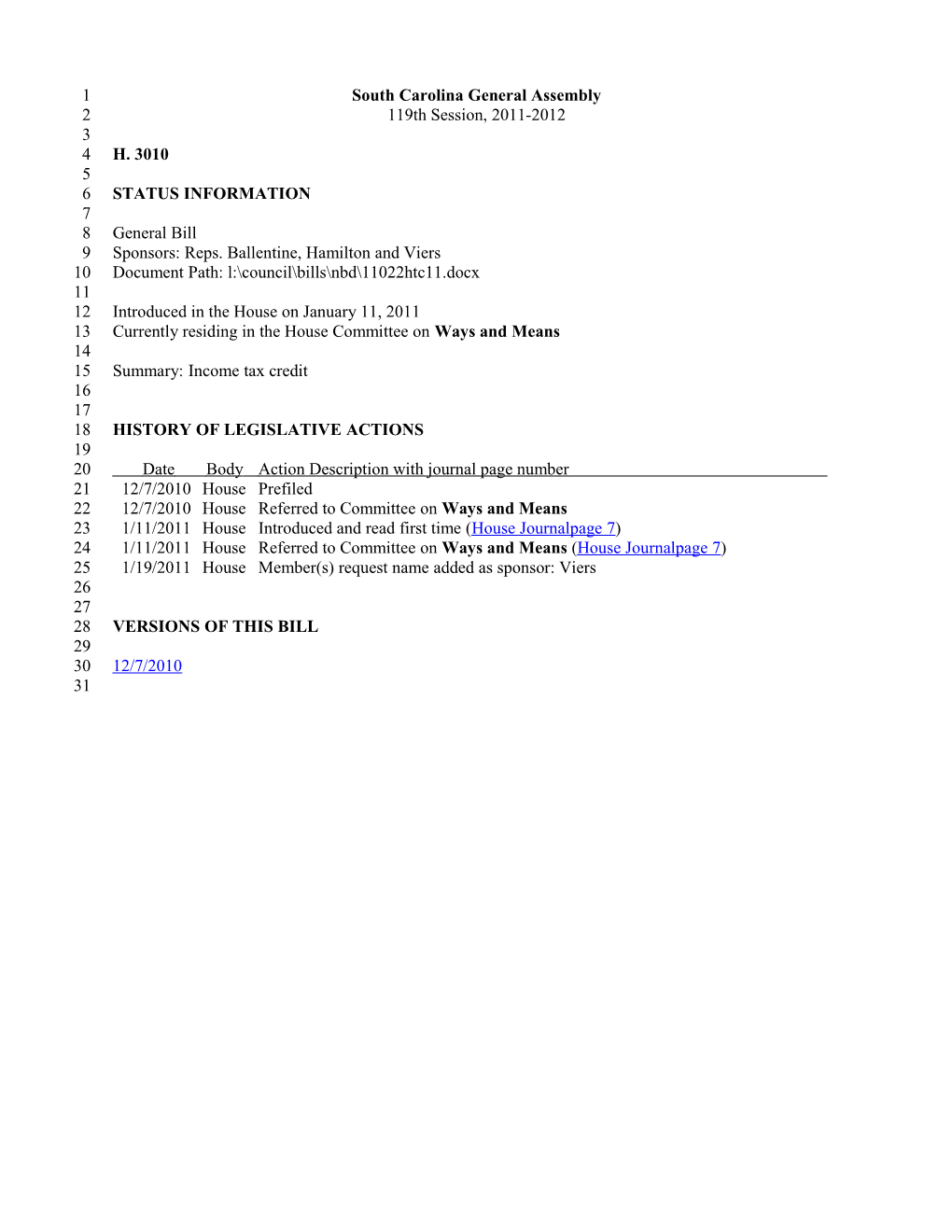 2011-2012 Bill 3010: Income Tax Credit - South Carolina Legislature Online