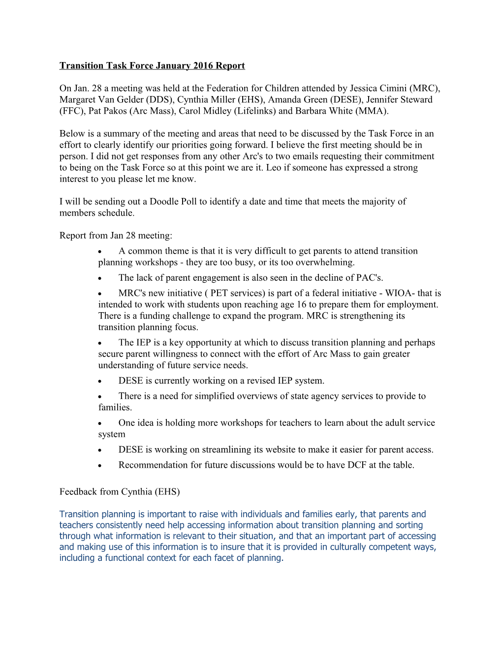 Transition Task Force January 2016 Report