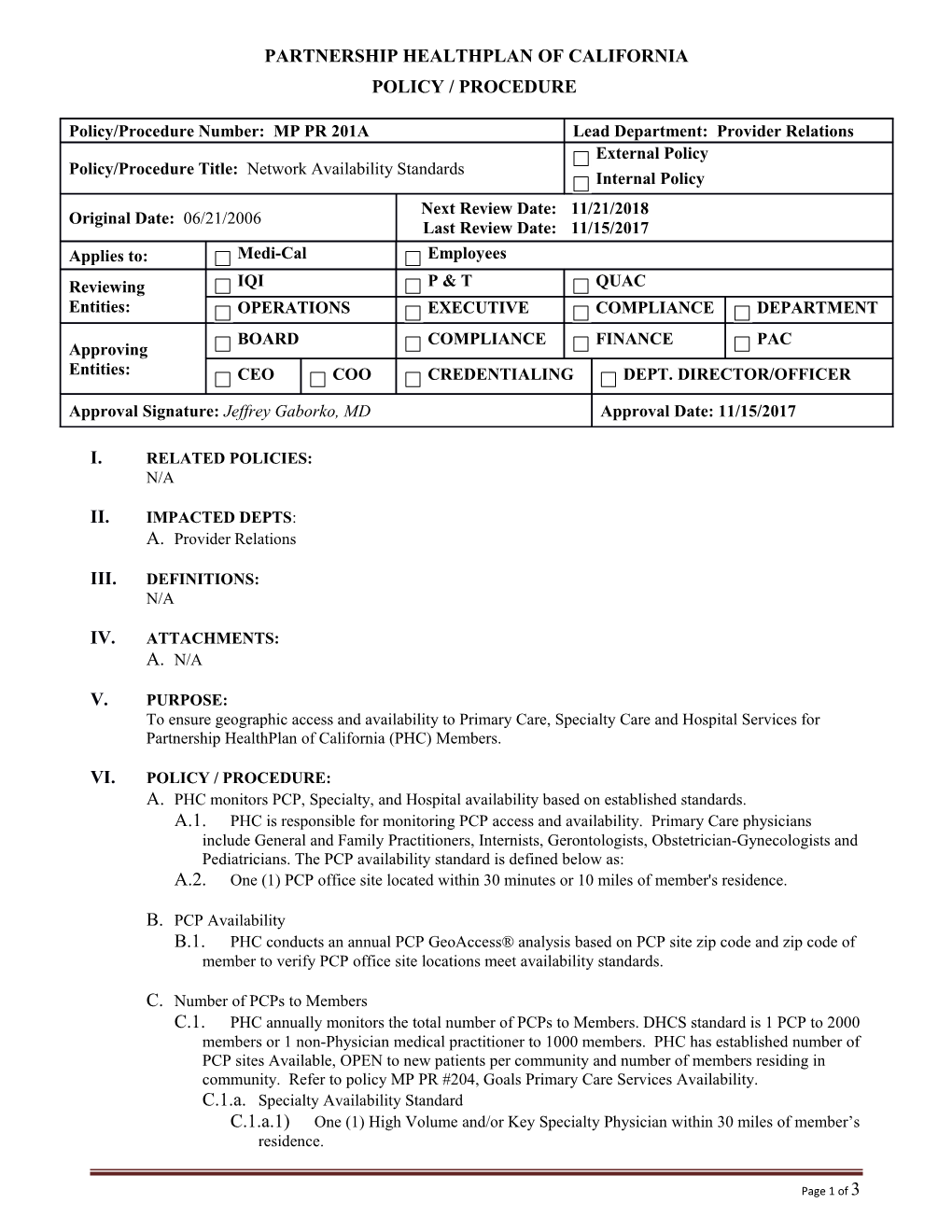 Network Availability Standards Policy and Procedure