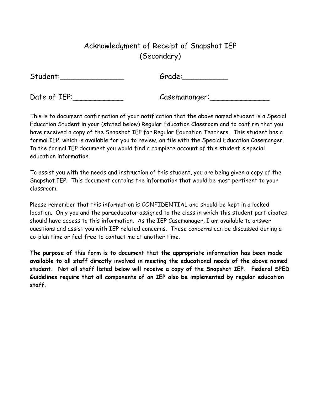 Acknowledgment of Receipt of Snapshot IEP