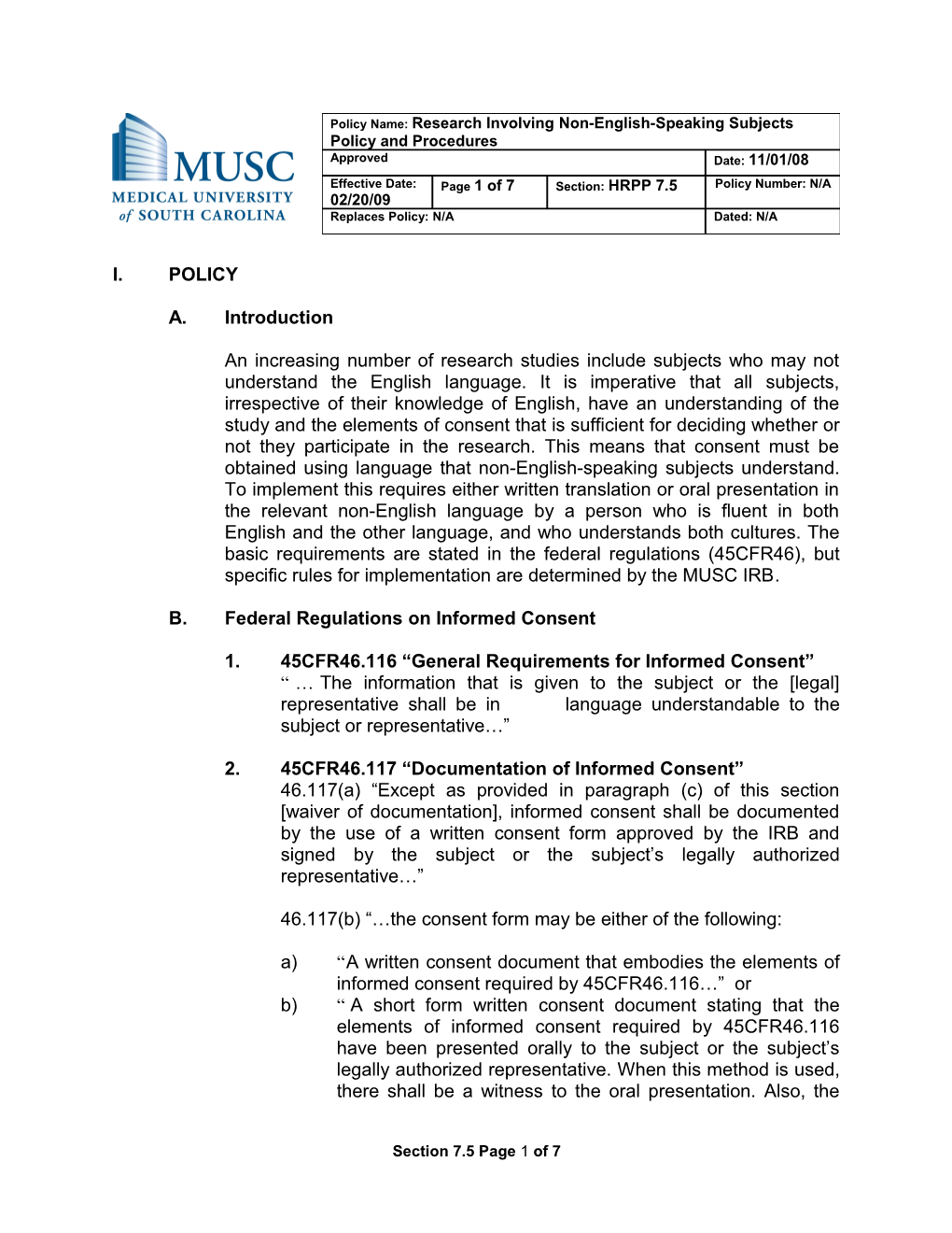 B. Federal Regulations on Informed Consent