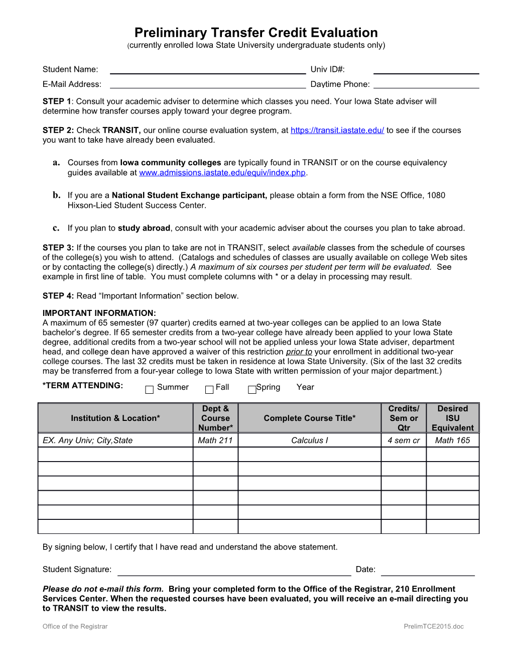 Preliminary Transfer Credit Evaluation