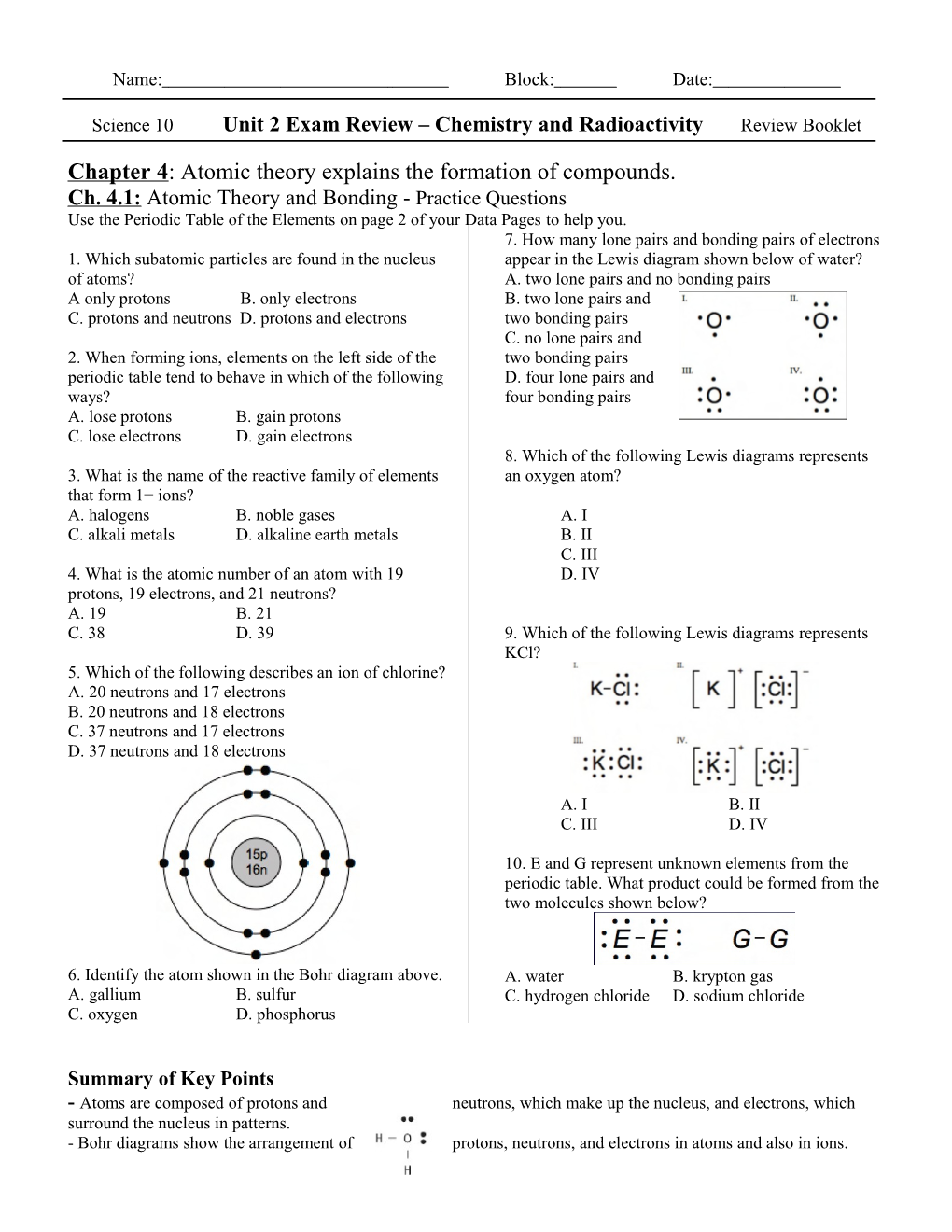Science 10 Unit 2 Exam Review Chemistry and Radioactivity Review Booklet