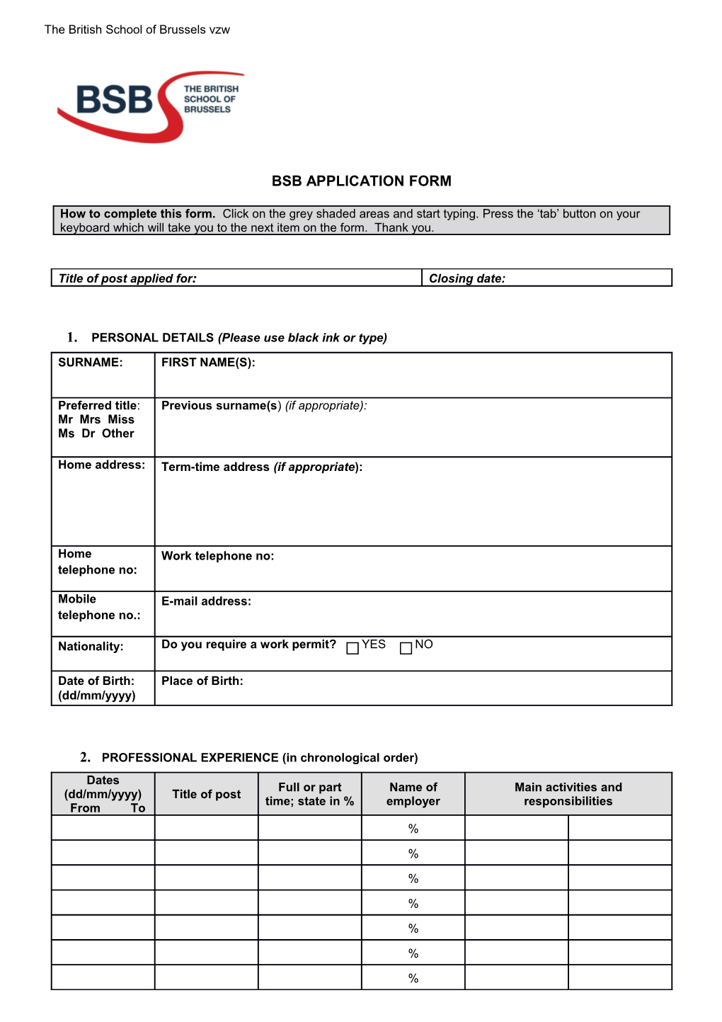 Bsb Application Form