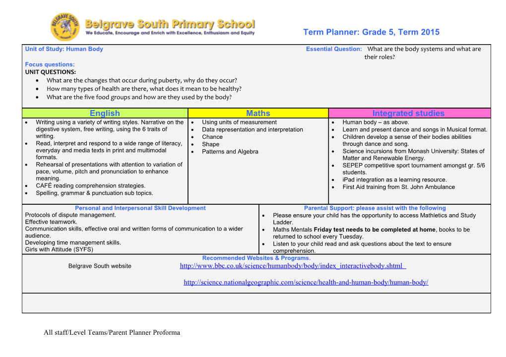 Term Planner:Grade 5, Term 2015