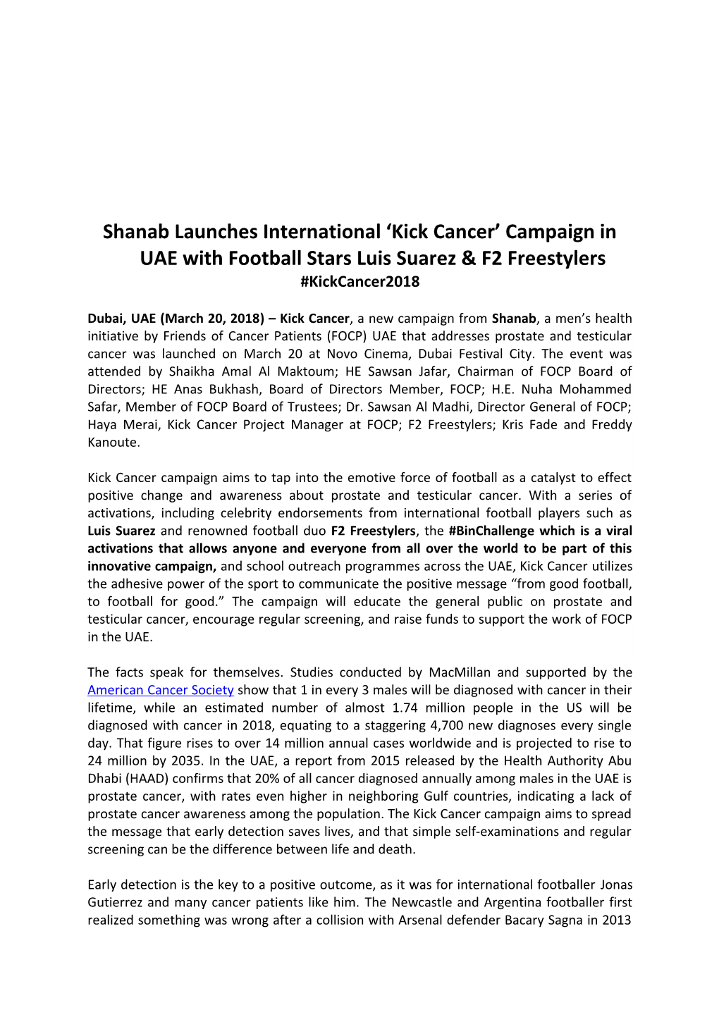 Shanablaunchesinternational Kick Cancer Campaign in UAE with Football Stars Luis Suarez