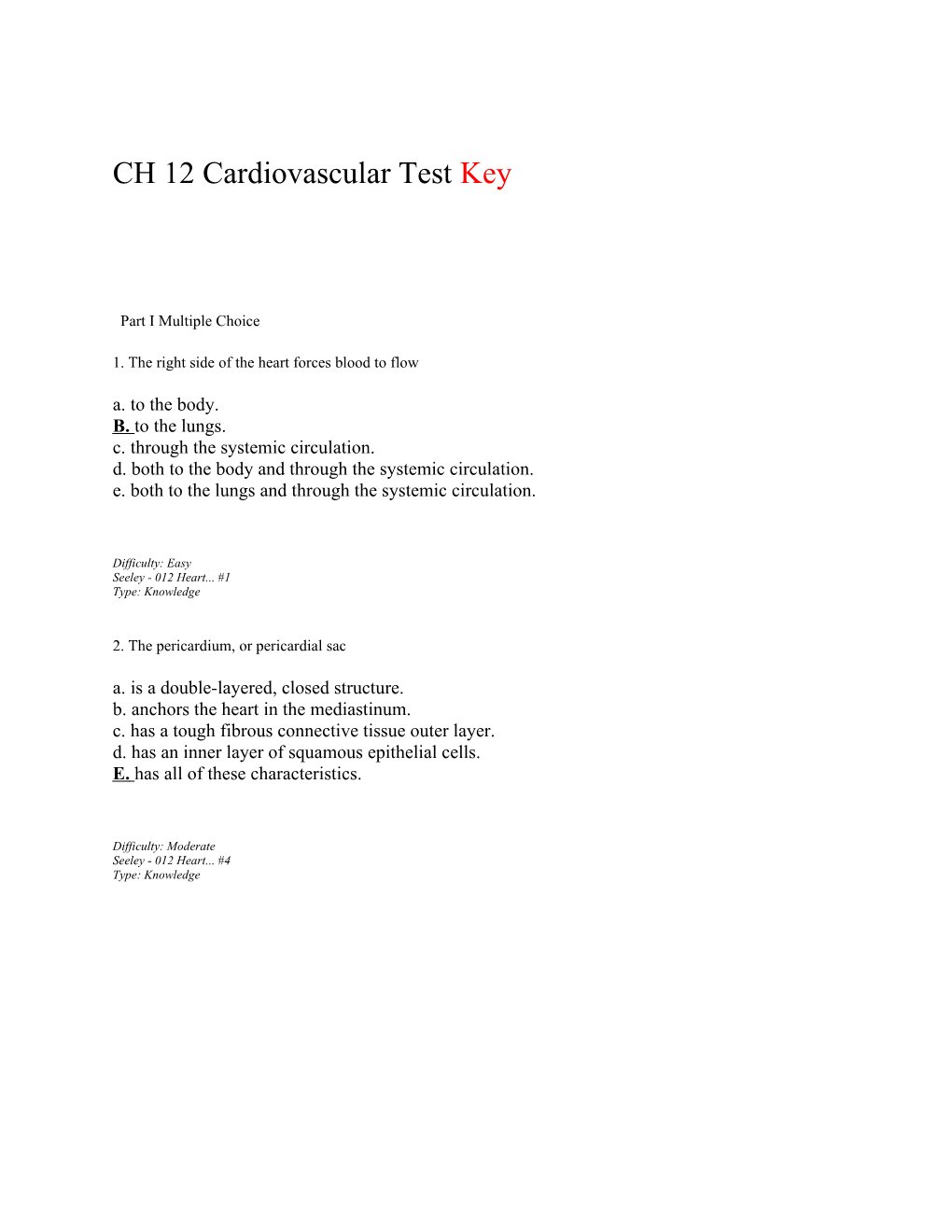 CH 12 Cardiovascular Test Key