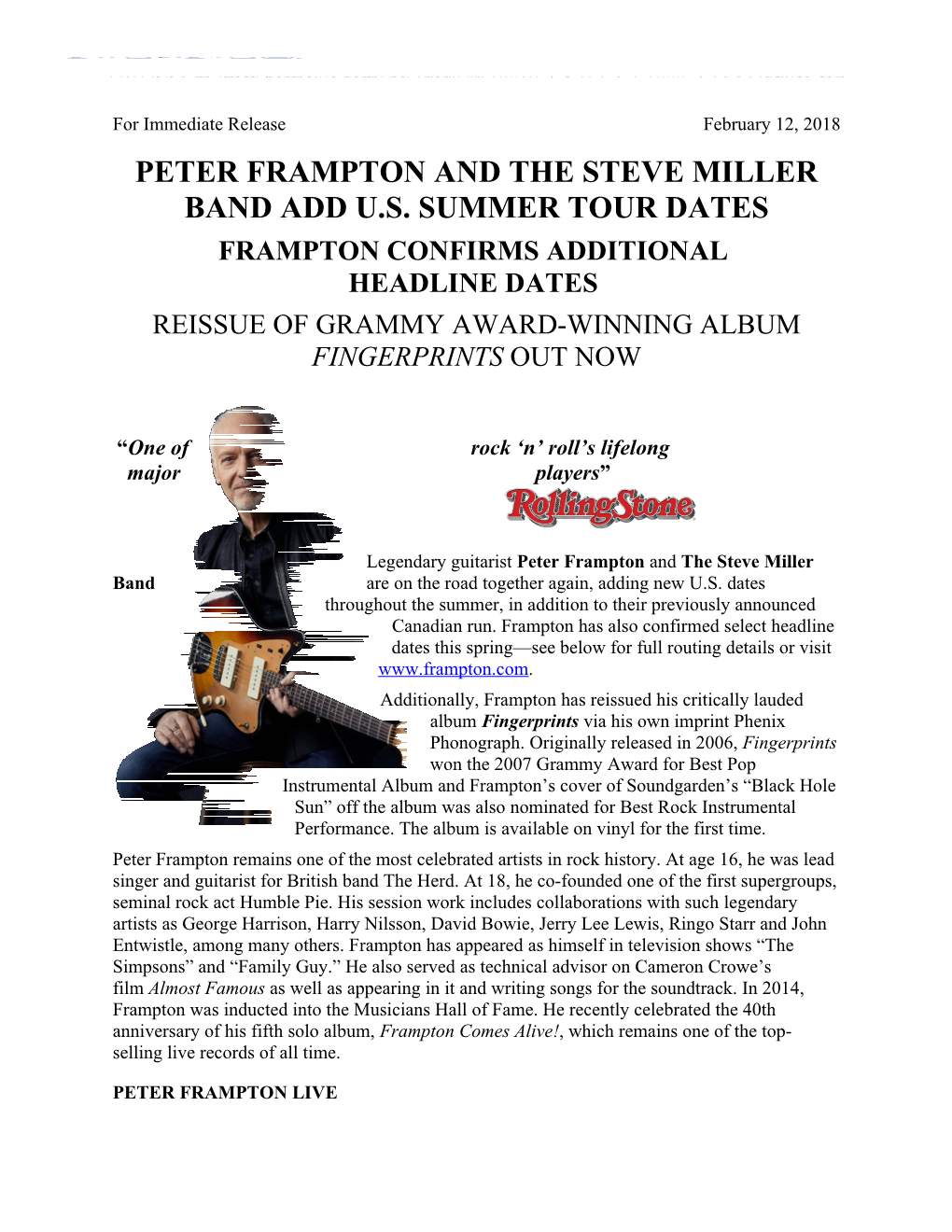 Peter Framptonand the Steve Miller Band Add U.S. Summer Tour Dates