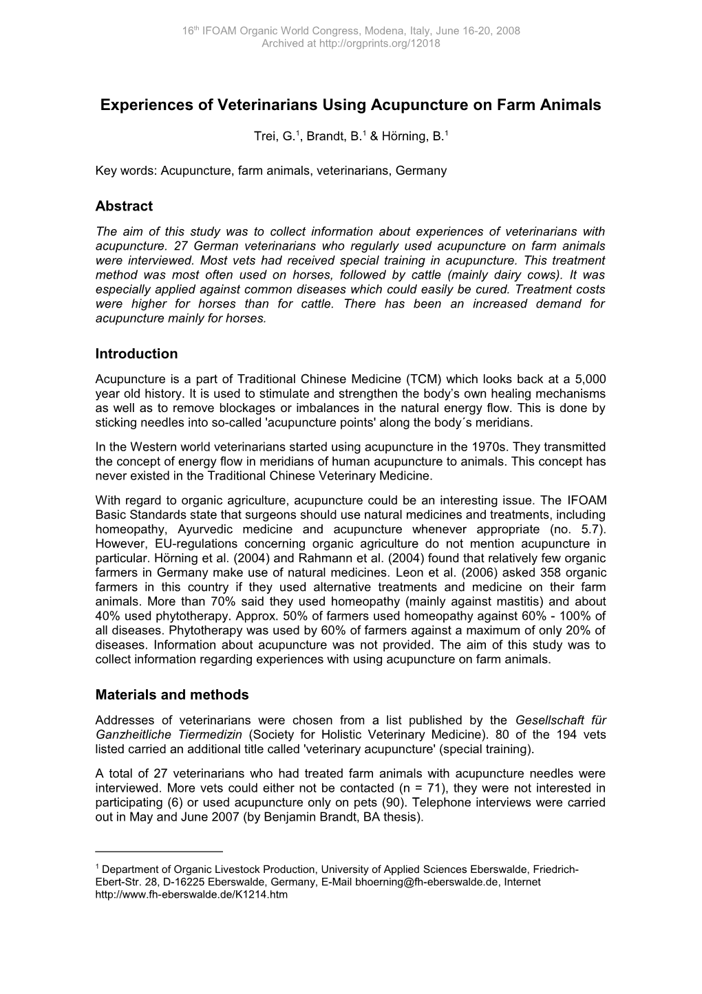 Experiences of Veterinarians Using Acupuncture on Farm Animals