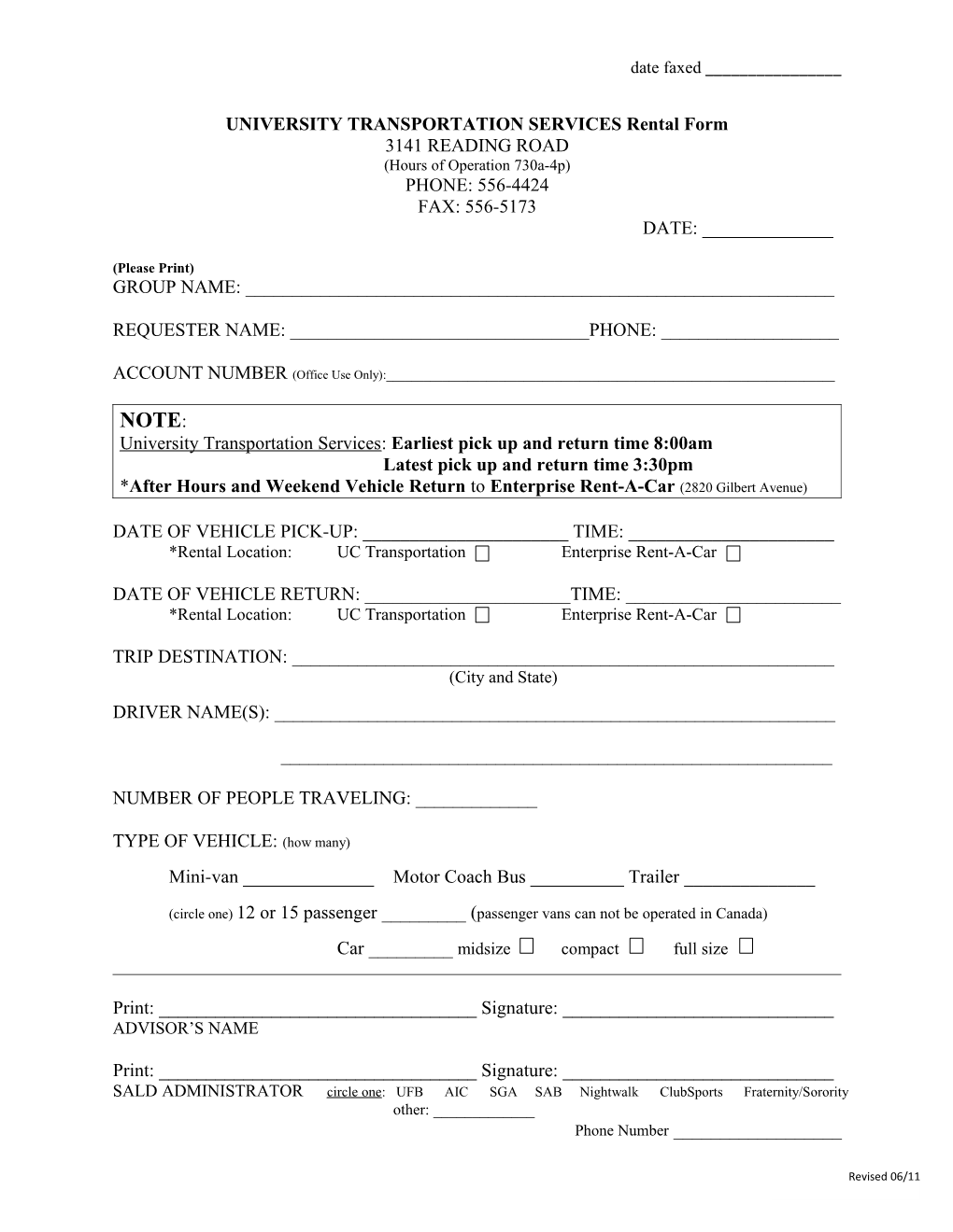 UNIVERSITY TRANSPORTATION SERVICES Rental Form