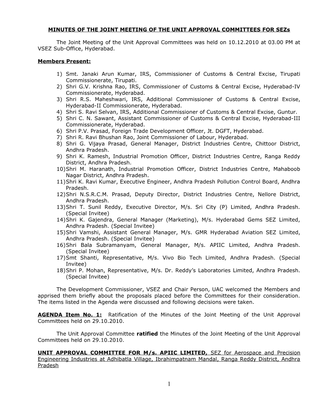 MINUTES of the JOINT MEETING of the UNIT APPROVAL COMMITTEES for Sezs