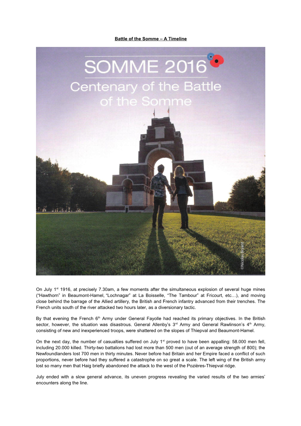 Battle of the Somme a Timeline