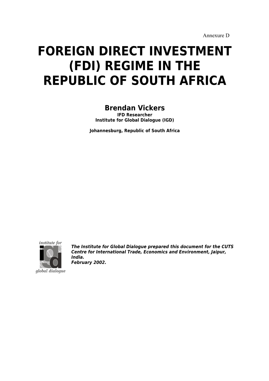Foreign Direct Investment (Fdi) Regime in The