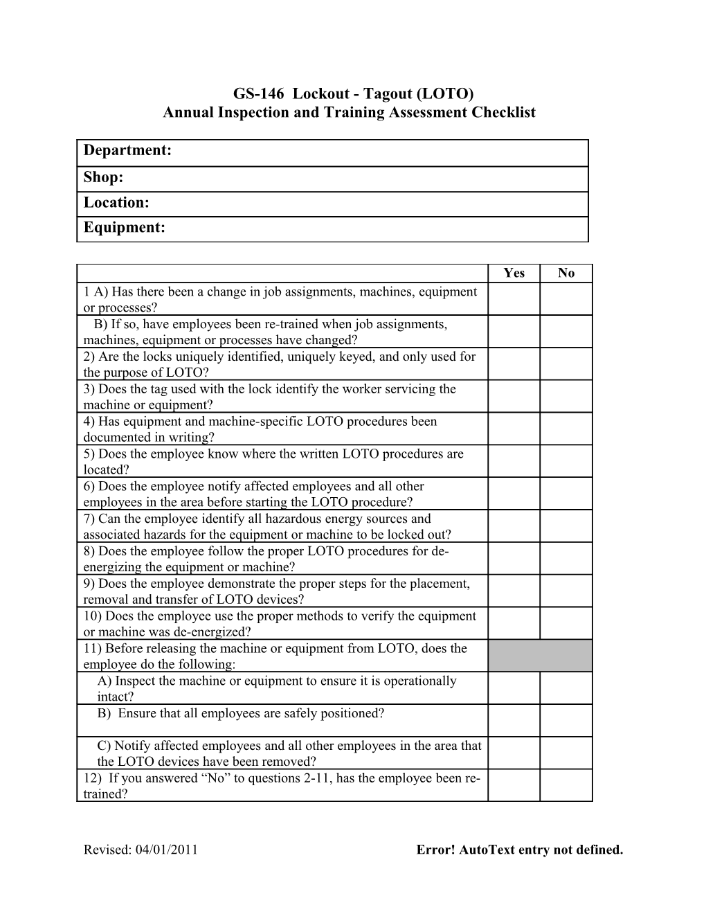 LOTO Annual Inspection Checklist