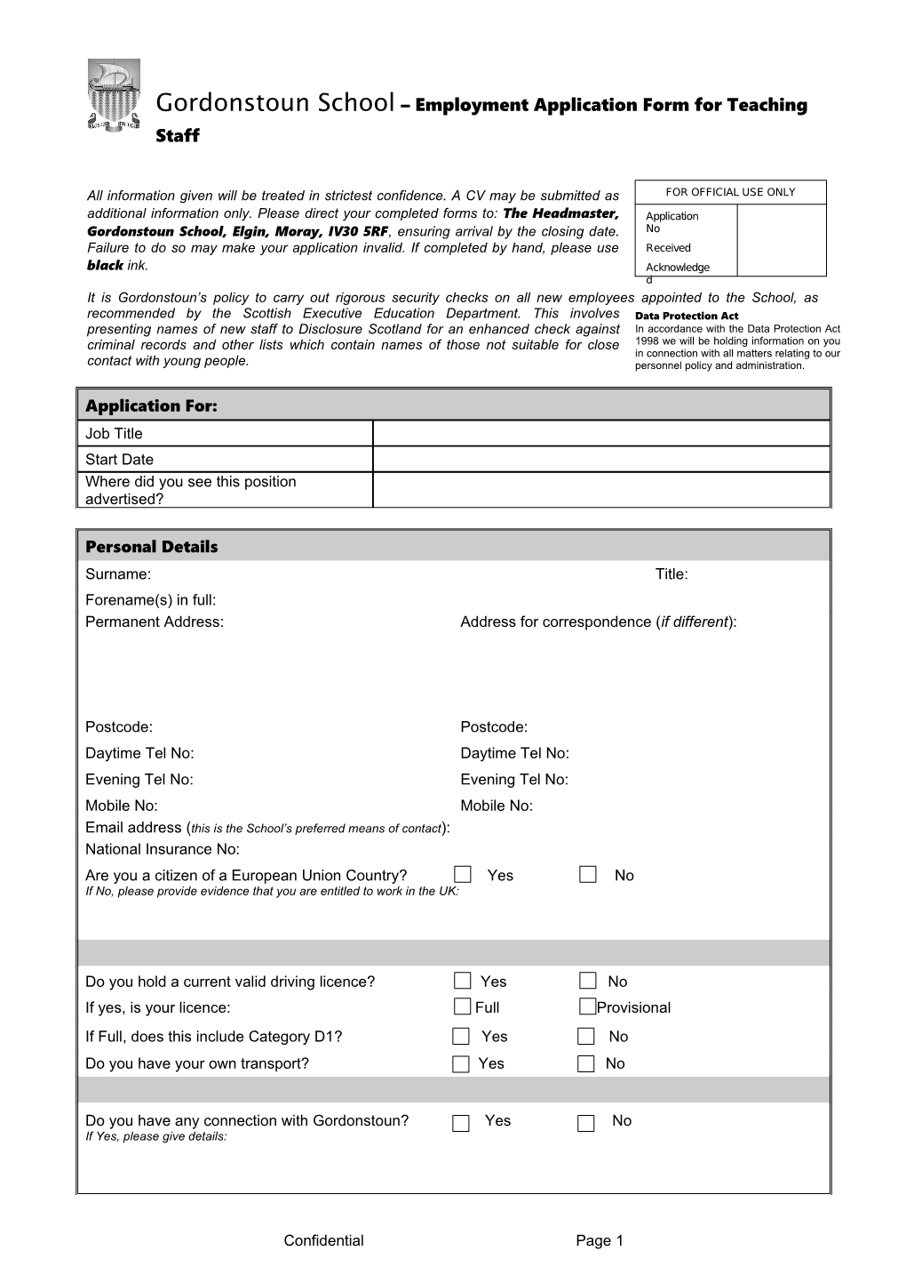 Gordonstounschool Employment Application Form for Teaching Staff