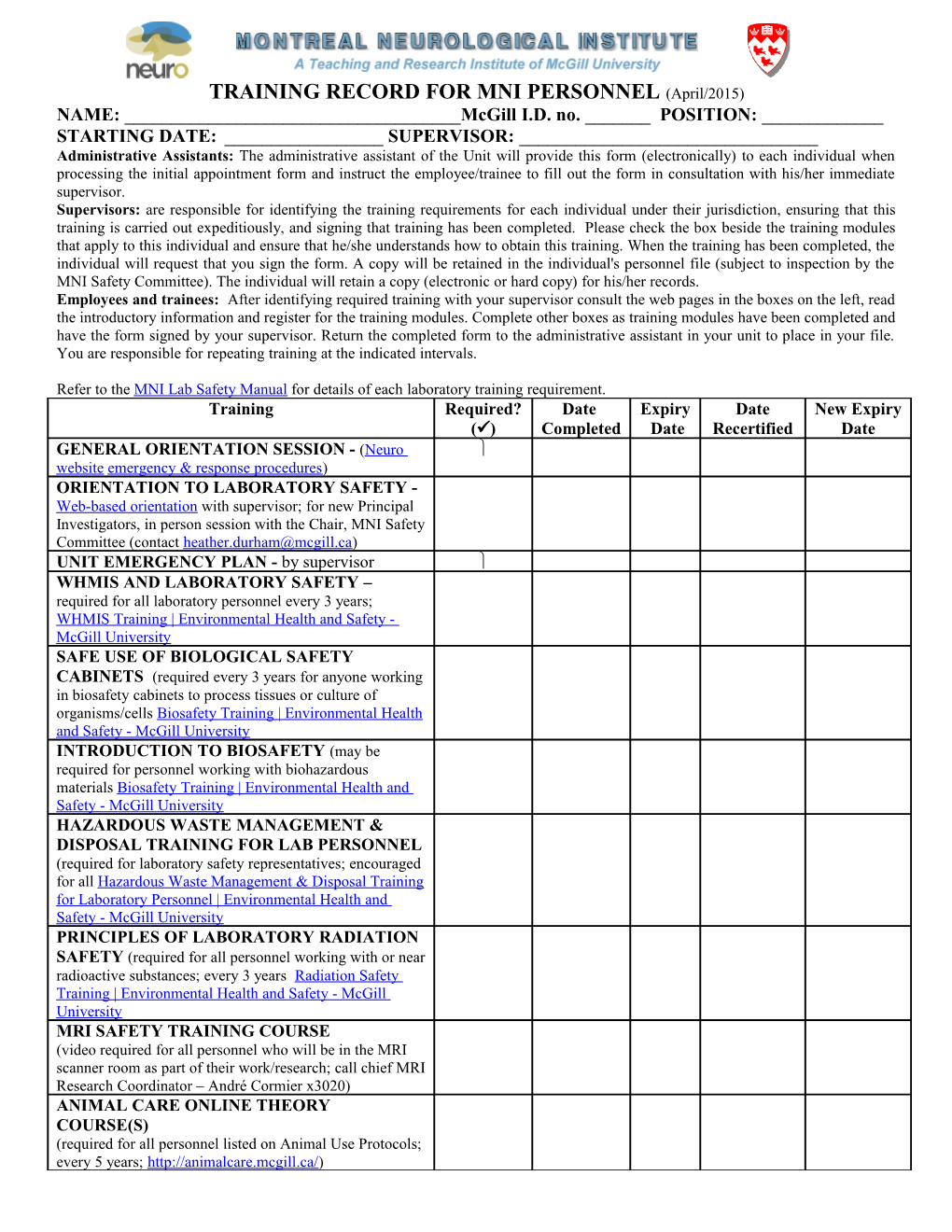 Safety Training Record for Mni Personnel