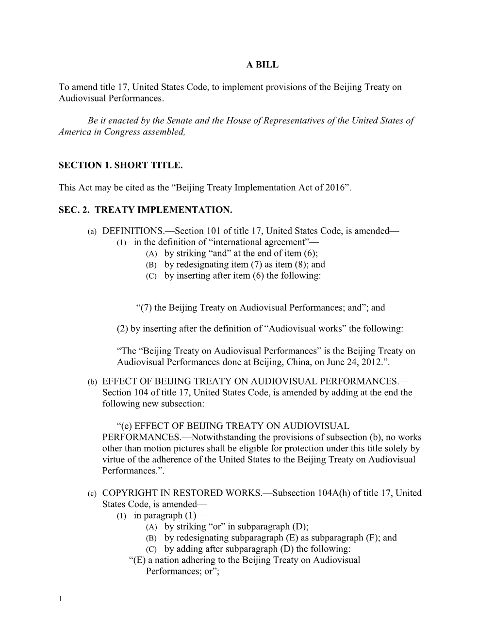 To Amend Title 17, United States Code, to Implement Provisions of the Beijing Treaty On