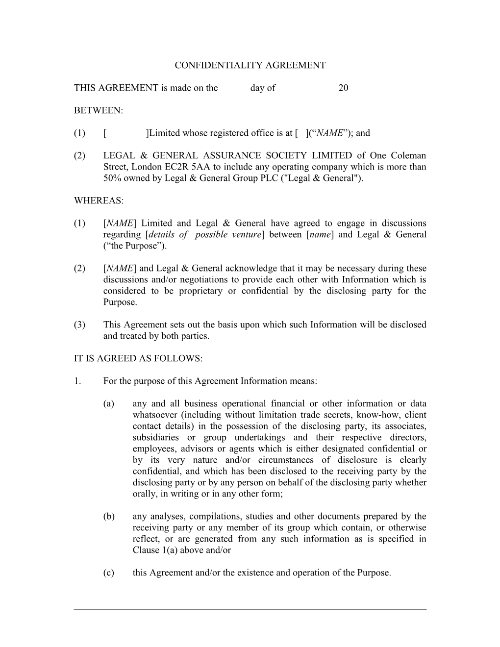Standard Form Confidentiality Agreement
