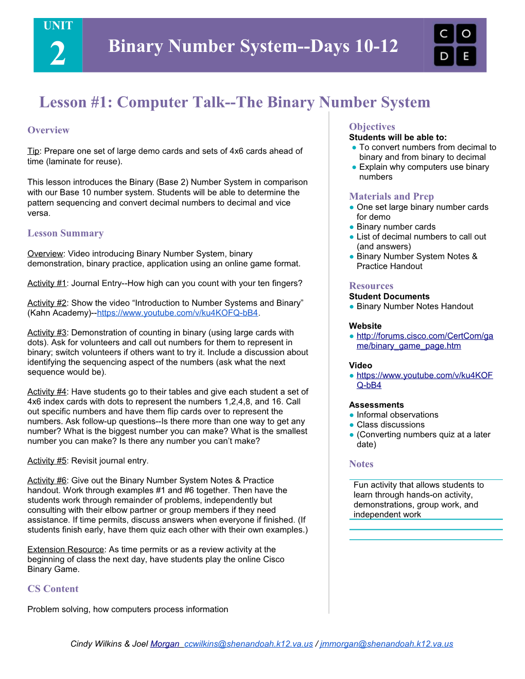 Lesson #1: Computer Talk the Binary Number System