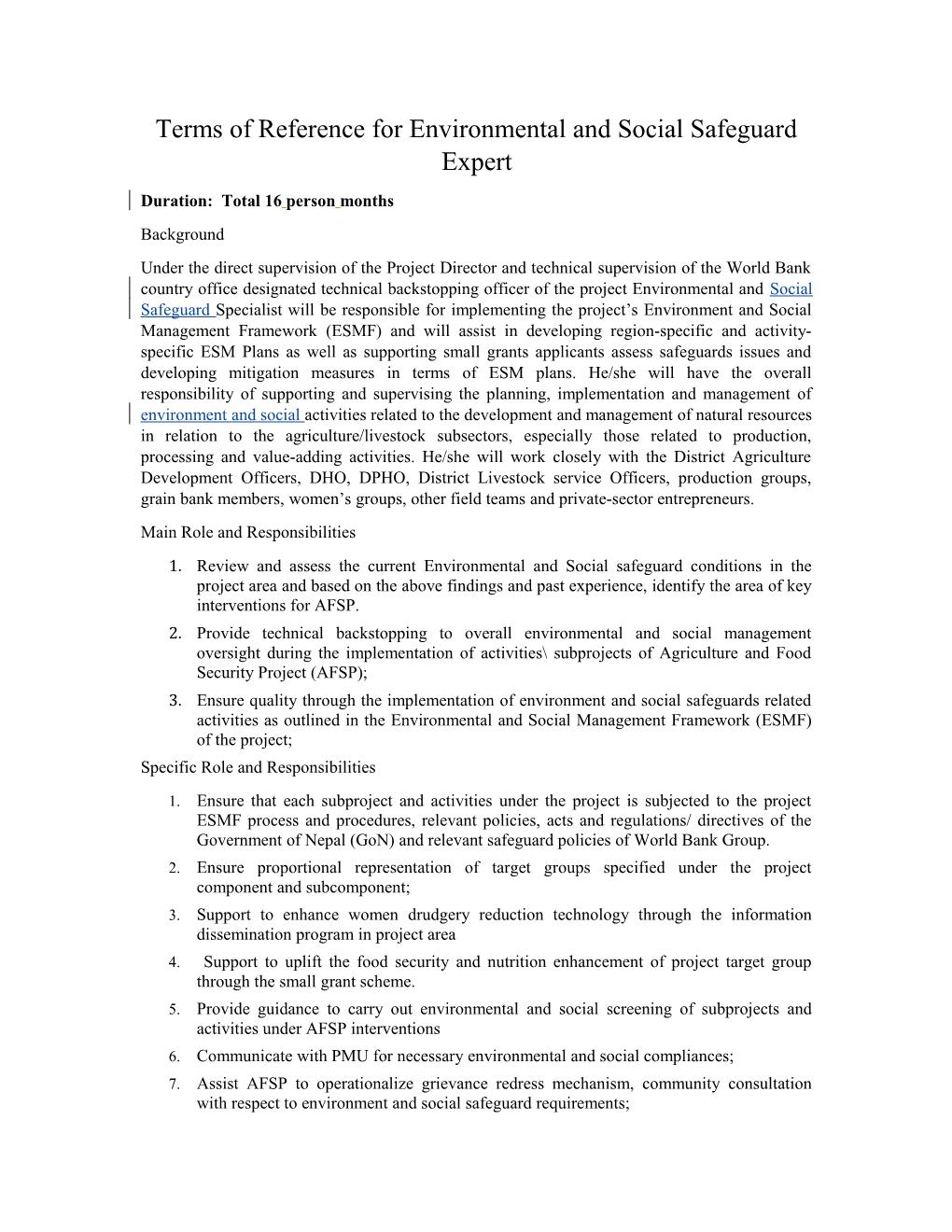 Terms of Reference for Environmental and Social Safeguard Expert