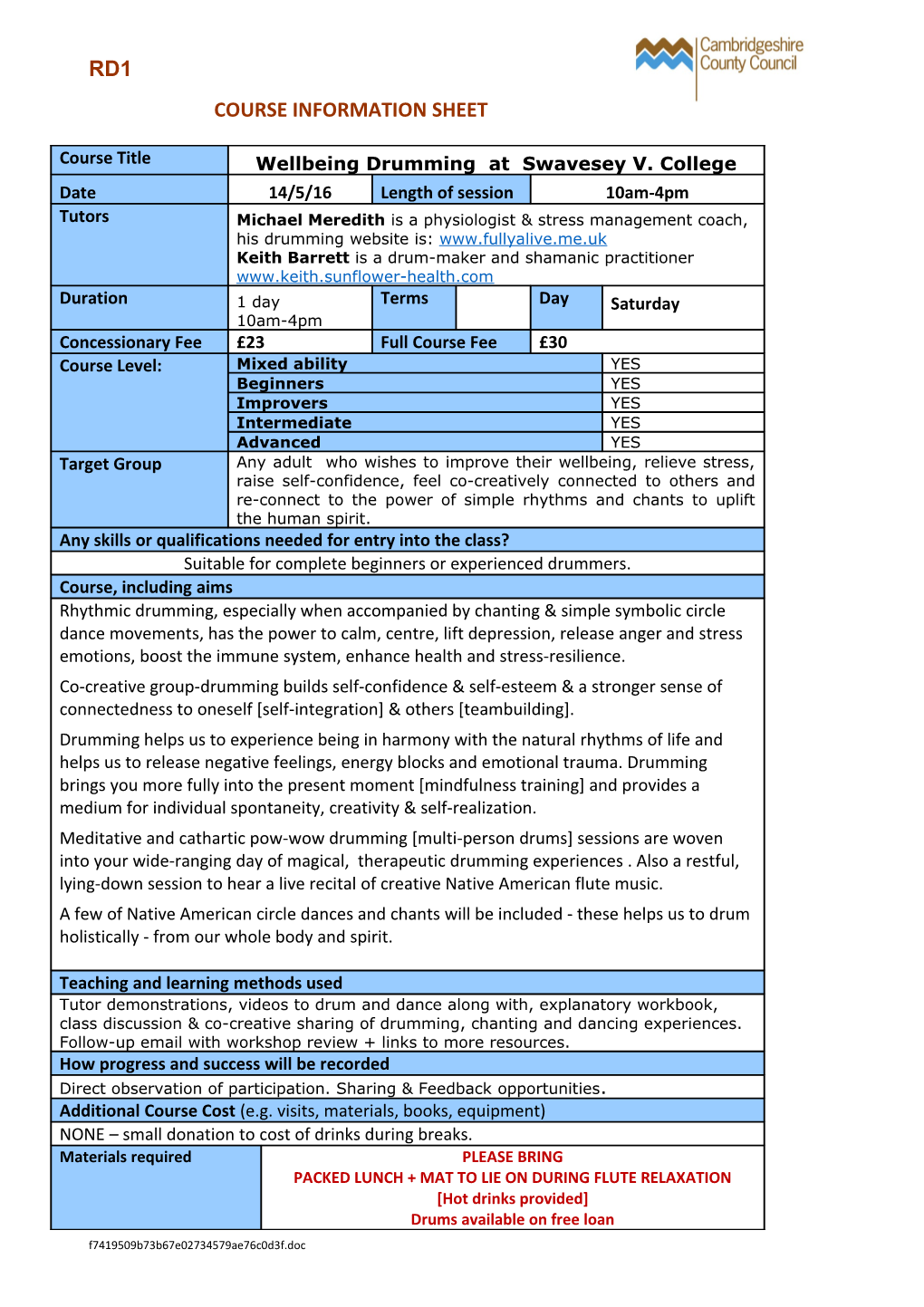 Course Information Sheet s3