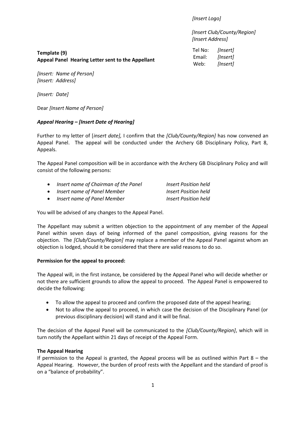 Appeal Panel Hearing Letter Sent to the Appellant