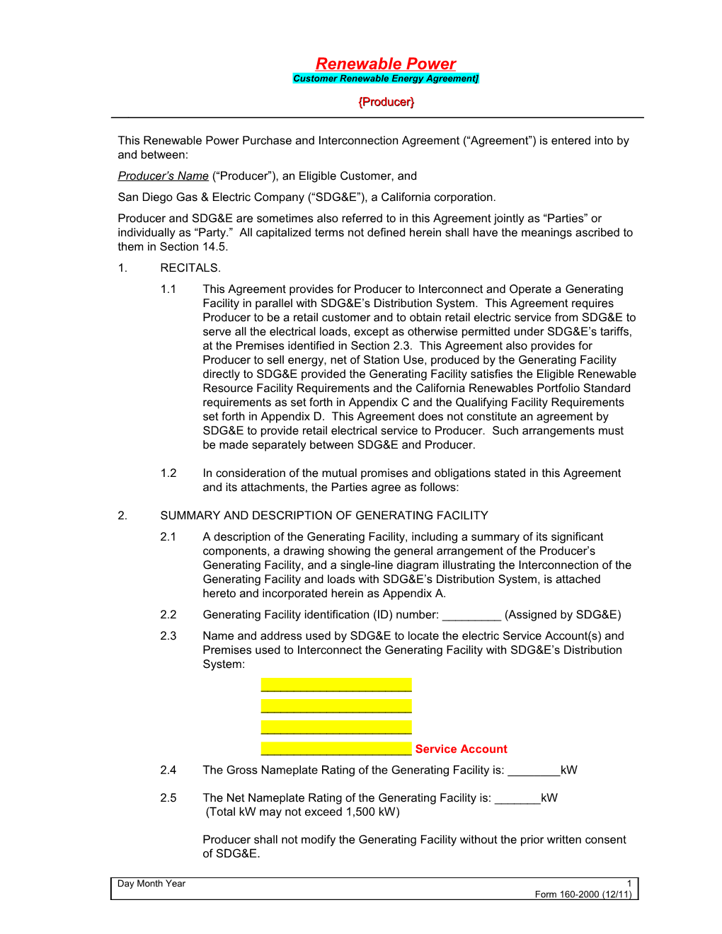 This Power Purchase Agreement ( Agreement ) Is Entered Into by and Between