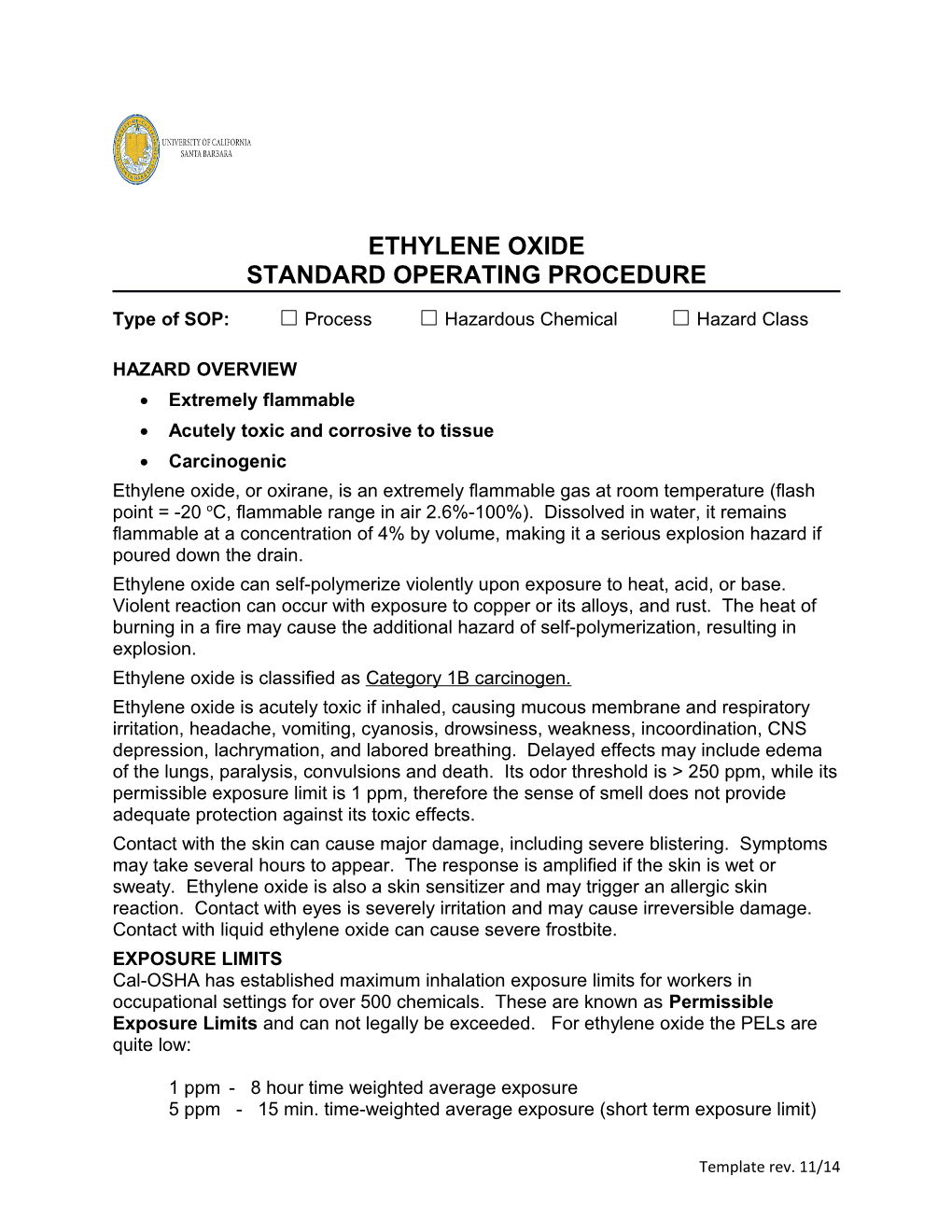 Type of SOP: Process Hazardous Chemical Hazard Class