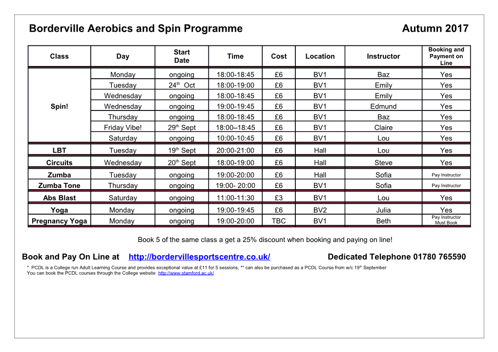 Borderville Aerobics and Spin Programme Autumn 2017