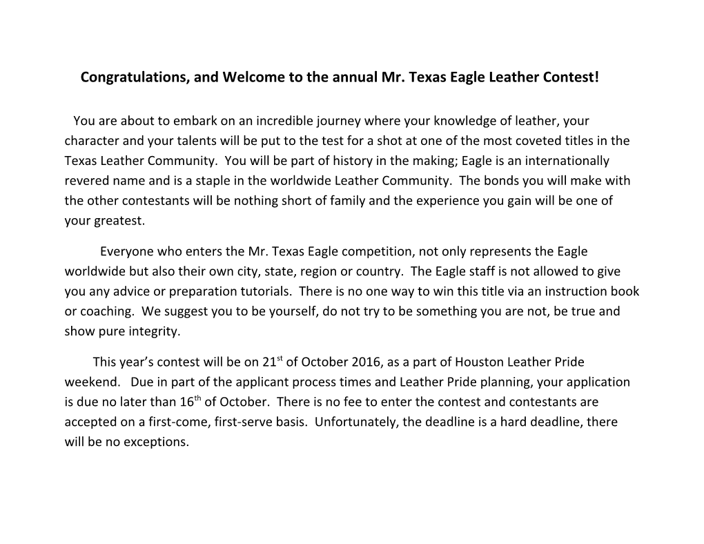 Congratulations, and Welcome to the Annual Mr. Texas Eagle Leather Contest!