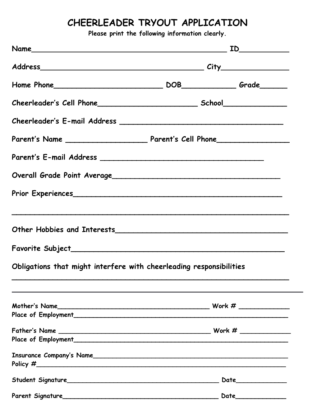 ______Is Interested in Becoming a Member of the Newburgh Free Academy Cheerleading Team