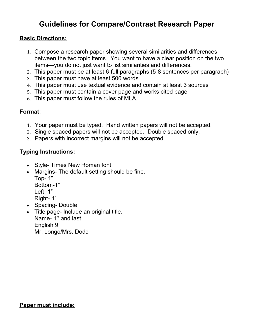 Guidelines for Compare/Contrast Research Paper