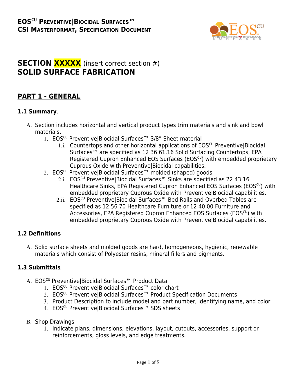 CSI Masterformat, Specification Document