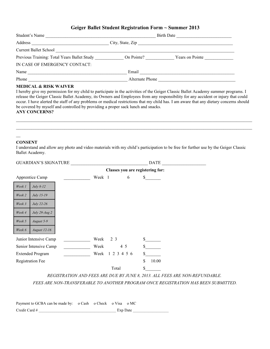 Student Registration Form - Summer 2004