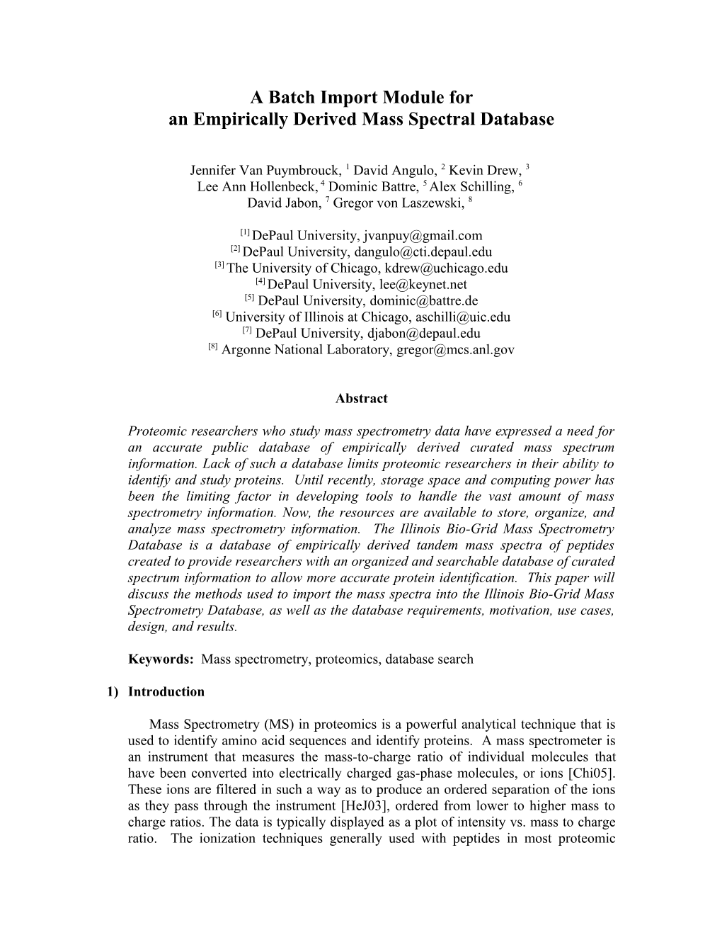 Mass Spec Database Paper Outline