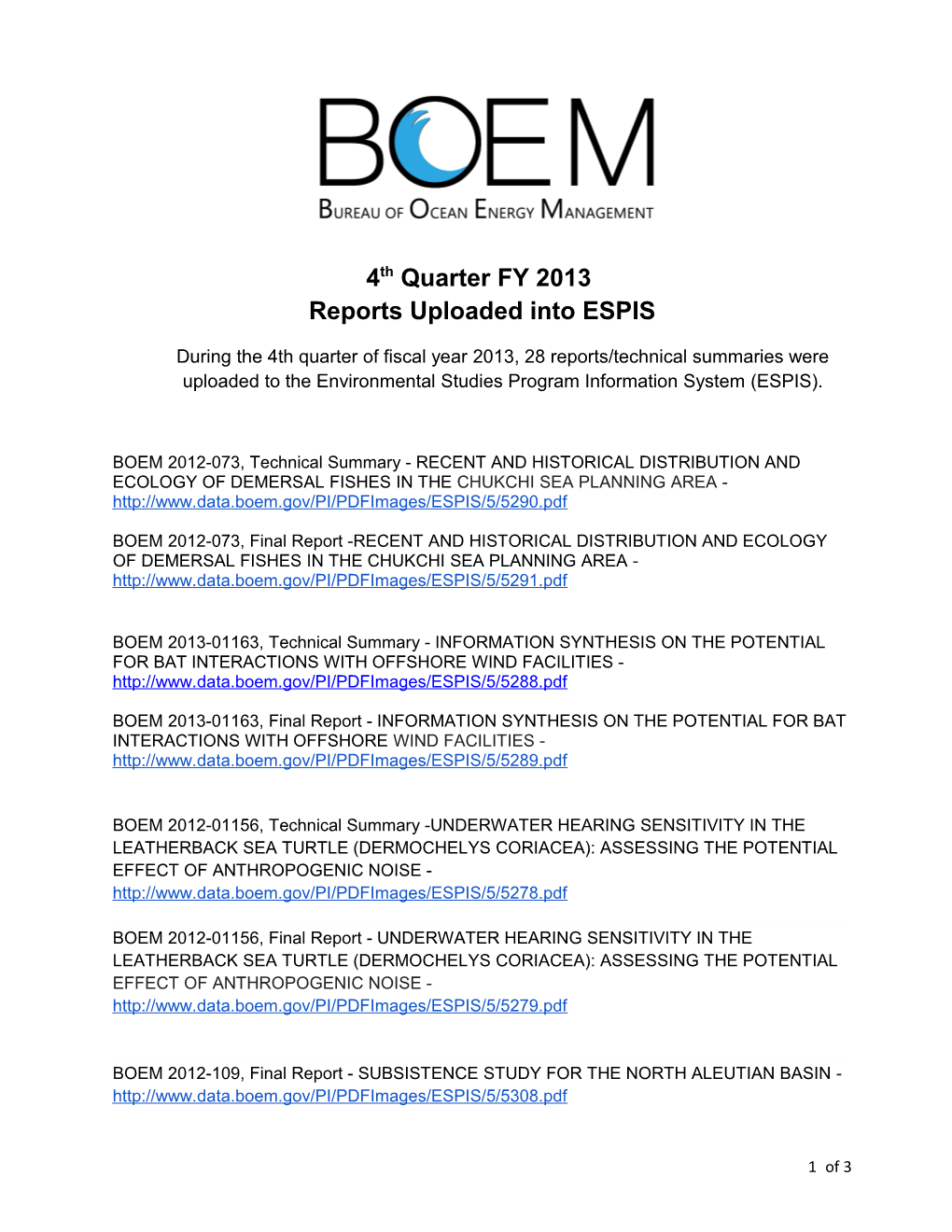 Reports Uploaded Into ESPIS