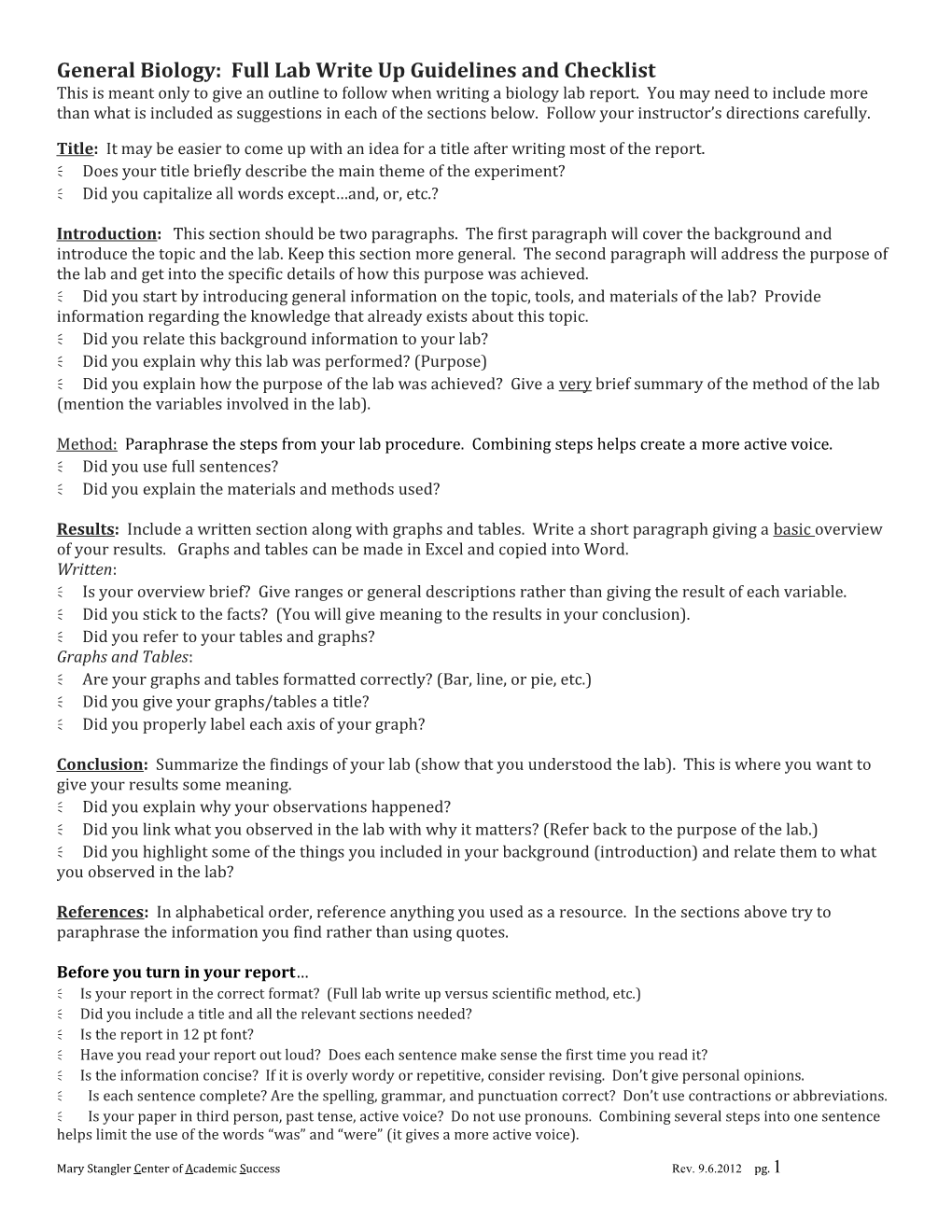 General Biology: Full Lab Write up Guidelines and Checklist