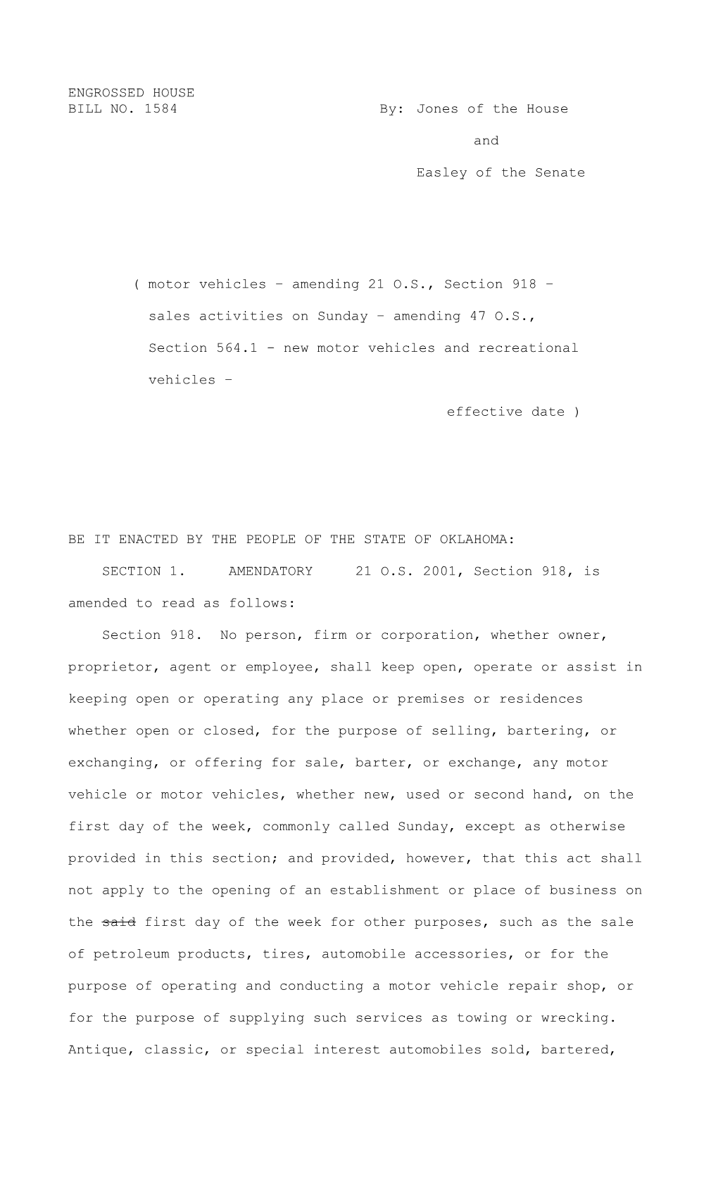 Short Title: Motor Vehicles; Off-Premise Displays; Sales Exception; Effective Date